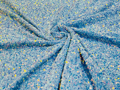 Clear Iridescent-Light Blue 54" Stretch Velvet with Luxury Sequins All Over 5mm Shining Sequins 2-Way Stretch. Sold by the yard