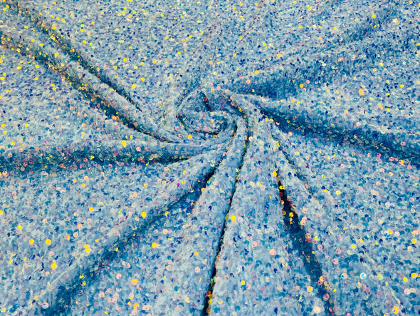 Clear Iridescent-Light Blue 54" Stretch Velvet with Luxury Sequins All Over 5mm Shining Sequins 2-Way Stretch. Sold by the yard