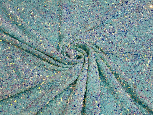 Clear Iridescent-Mint Green 54" Stretch Velvet with Luxury Sequins All Over 5mm Shining Sequins 2-Way Stretch. Sold by the yard.