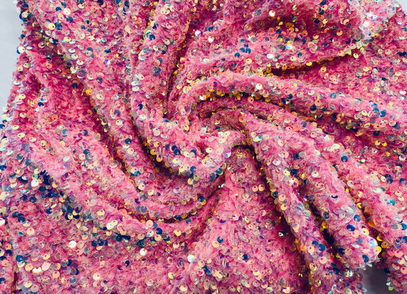 Clear Iridescent-Pink  54" Stretch Velvet with Luxury Sequins All Over 5mm Shining Sequins 2-Way Stretch. Sold by the yard.