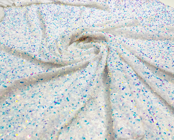 Clear Iridescent-White 54" Stretch Velvet with Luxury Sequins All Over 5mm Shining Sequins 2-Way Stretch. Sold by the yard.