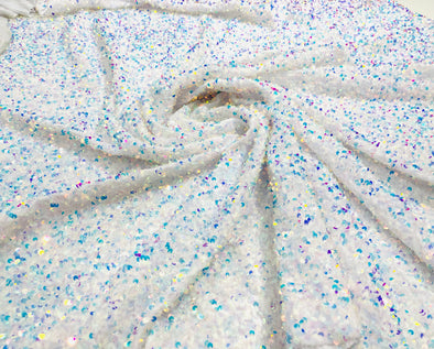 Clear Iridescent-White 54" Stretch Velvet with Luxury Sequins All Over 5mm Shining Sequins 2-Way Stretch. Sold by the yard.