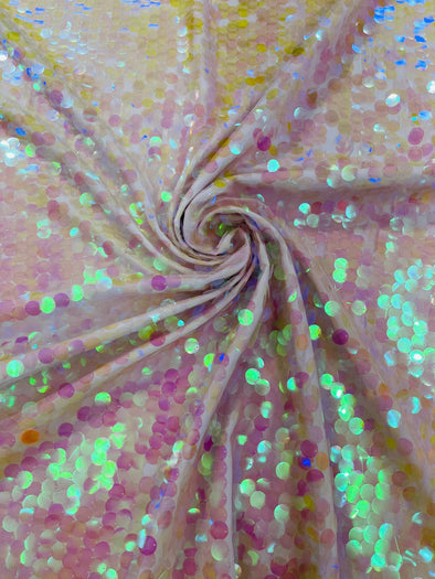 Clear Pink Iridescent Round Sequin Paillette On Pink Mesh Fabric/ 54 Inches Wide/Cosplays Fabric/Prom/Backdrops