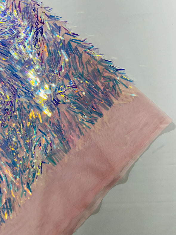 Clear Pink Iridescent Sword Sequins Fabric/Big Sequins Fabric On Pink Mesh/54 Inches Wide.