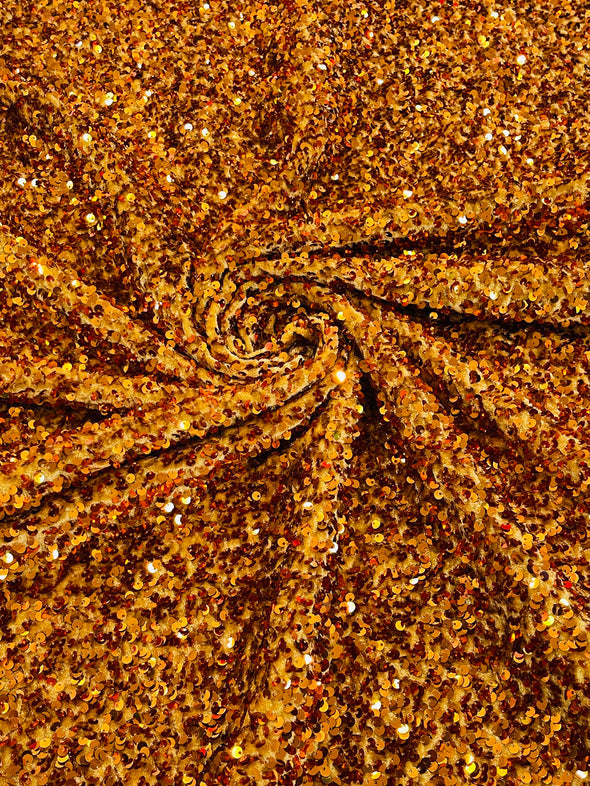 Copper 54" Stretch Velvet with Luxury Sequins All Over 5mm Shining Sequins 2-Way Stretch. Sold by the yard.