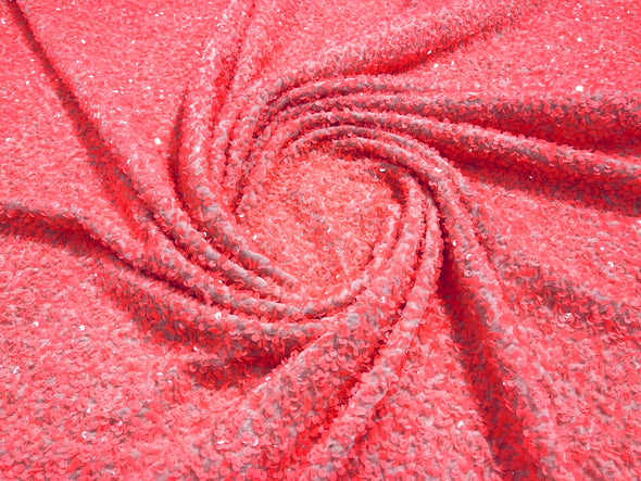 Coral Pink  54" Stretch Velvet with Luxury Sequins All Over 5mm Shining Sequins 2-Way Stretch. Sold by the yard.