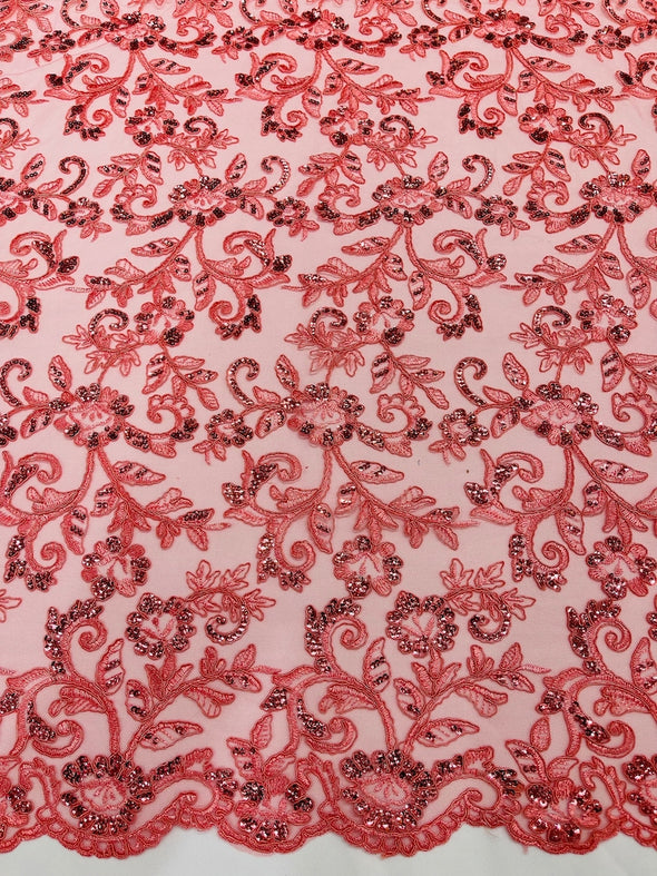 Coral Corded floral French Embroider With Sequins On a Mesh Lace Fabric-Prom-Sold By The Yard