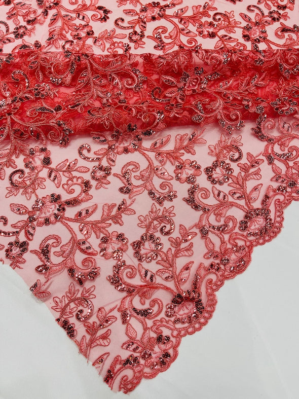 Coral Corded floral French Embroider With Sequins On a Mesh Lace Fabric-Prom-Sold By The Yard