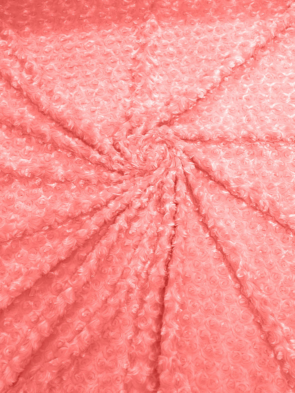 Coral 58" Wide Minky Swirl Rose Blossom Ball Rosebud Plush Fur Fabric Polyester-Sold by Yard.