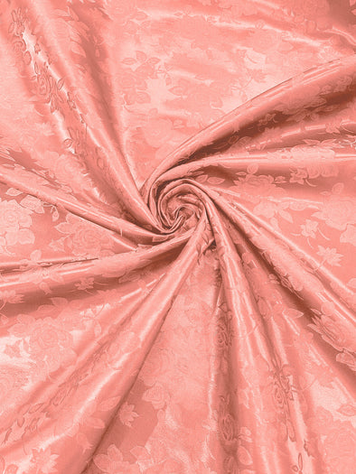 Coral Polyester Big Roses/Floral Brocade Jacquard Satin Fabric/ Cosplay Costumes, Table Linen- Sold By The Yard