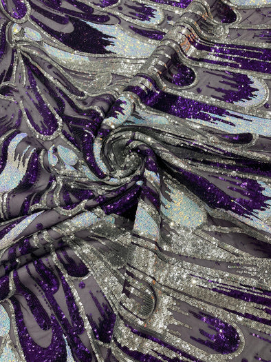 Dark Purple Silver Aqua On Purple Iridescent Feather sequin design on a Blue 4 way stretch mesh Fabric-prom- Sold by the yard