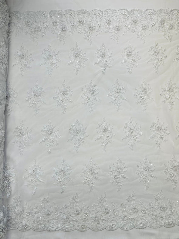 Daisy 3d floral Chiffon design embroider with pearls in a mesh lace- Sold by the yard