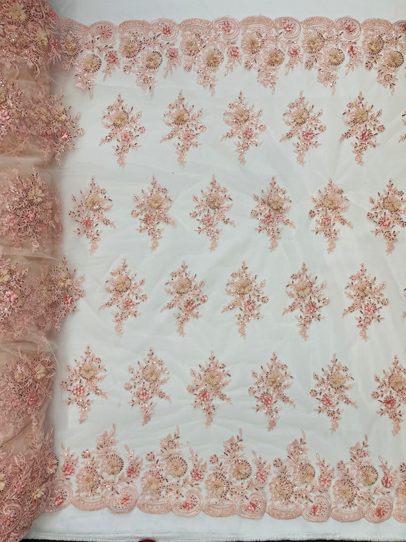 Daisy 3d floral Chiffon design embroider with pearls in a mesh lace- Sold by the yard
