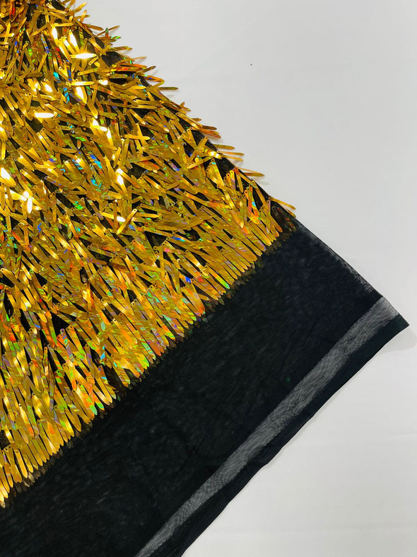 Dark Gold Iridescent Sword Sequins Fabric/Big Sequins Fabric On Black Mesh/54 Inches Wide.