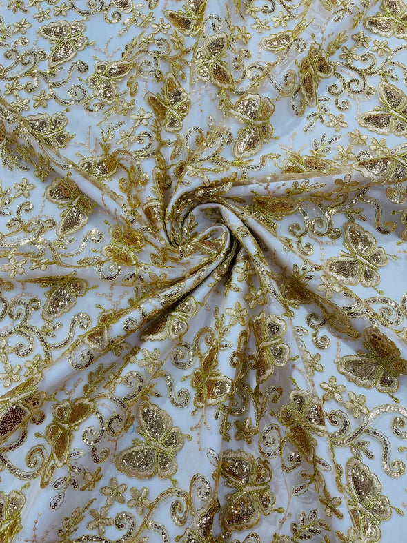 Dark Gold Metallic Corded Lace/ Butterfly Design Embroidered With Sequin on a Mesh Lace Fabric