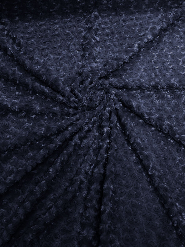 Dark Navy Blue 58" Wide Minky Swirl Rose Blossom Ball Rosebud Plush Fur Fabric Polyester-Sold by Yard.