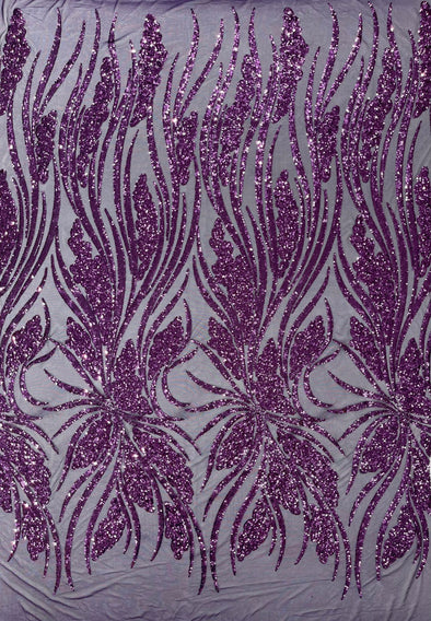 Dark Purple Feather damask shiny sequin design on a 4 way stretch mesh Fabric-prom-Sold by the yard