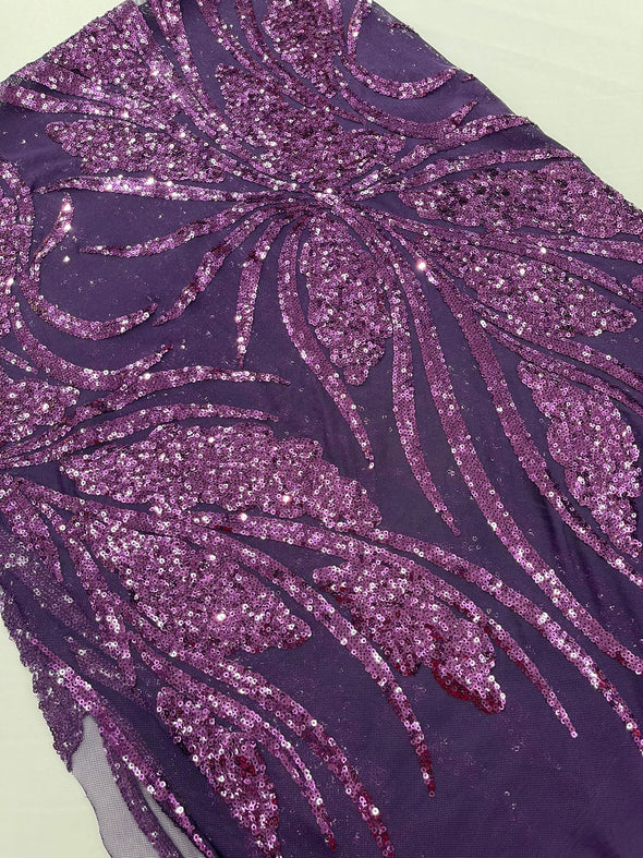 Dark Purple Feather damask shiny sequin design on a 4 way stretch mesh Fabric-prom-Sold by the yard