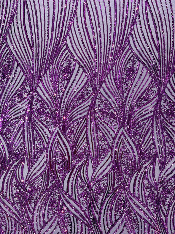 Dark Purple Shiny Geometric Feather wing shiny sequin design on a 4 way stretch mesh Fabric-prom-sold by the yard.