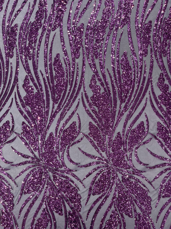 Dark Purple Feather damask shiny sequin design on a 4 way stretch mesh Fabric-prom-Sold by the yard