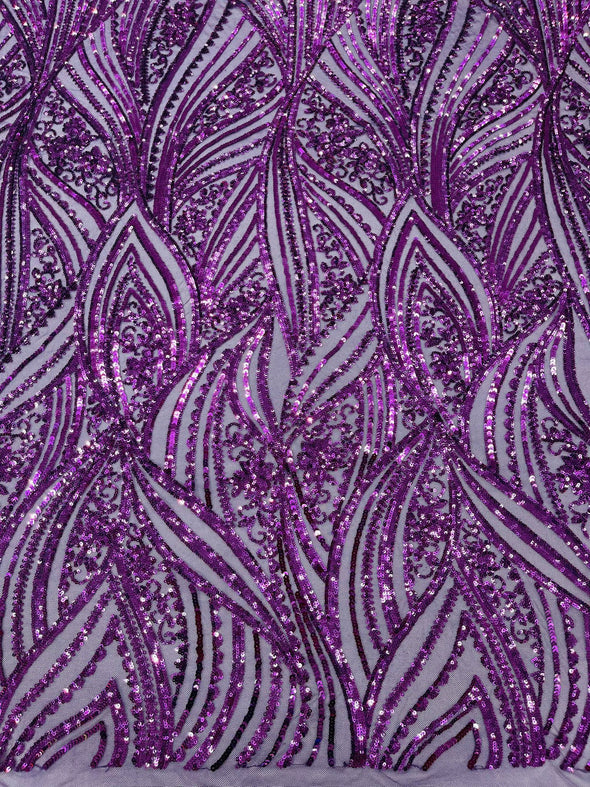 Dark Purple Shiny Geometric Feather wing shiny sequin design on a 4 way stretch mesh Fabric-prom-sold by the yard.