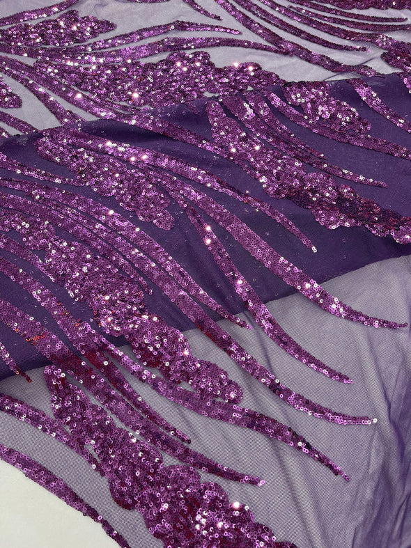 Dark Purple Feather damask shiny sequin design on a 4 way stretch mesh Fabric-prom-Sold by the yard