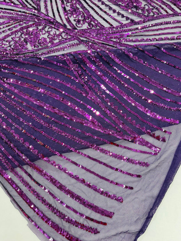 Dark Purple Shiny Geometric Feather wing shiny sequin design on a 4 way stretch mesh Fabric-prom-sold by the yard.