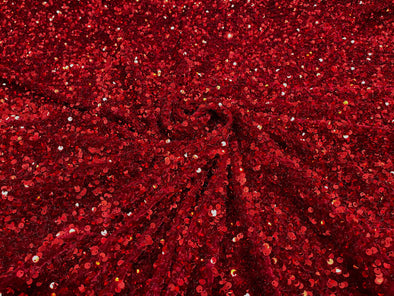 Dark Red 54" Stretch Velvet with Luxury Sequins All Over 5mm Shining Sequins 2-Way Stretch. Sold by the yard.