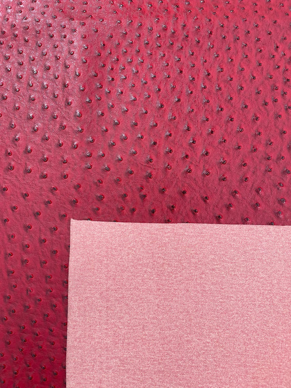 Dark Red 54” Wide Ostrich Fake Leather Upholstery, 3-D Ostrich Skin Texture Faux Leather PVC Vinyl Fabric Sold by The Yard.