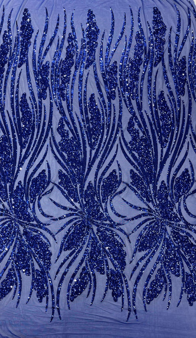 Dark Royal Feather damask shiny sequin design on a 4 way stretch mesh Fabric-prom-Sold by the yard