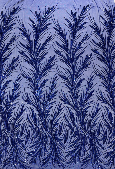 Dark Royal Blue Feather damask shiny sequin design on a 4 way stretch mesh Fabric-prom-Sold by the yard