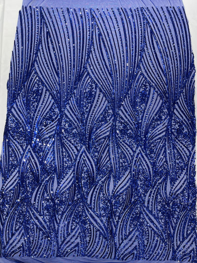 Dark Royal Blue Shiny Geometric Feather wing shiny sequin design on a 4 way stretch mesh Fabric-prom-sold by the yard.