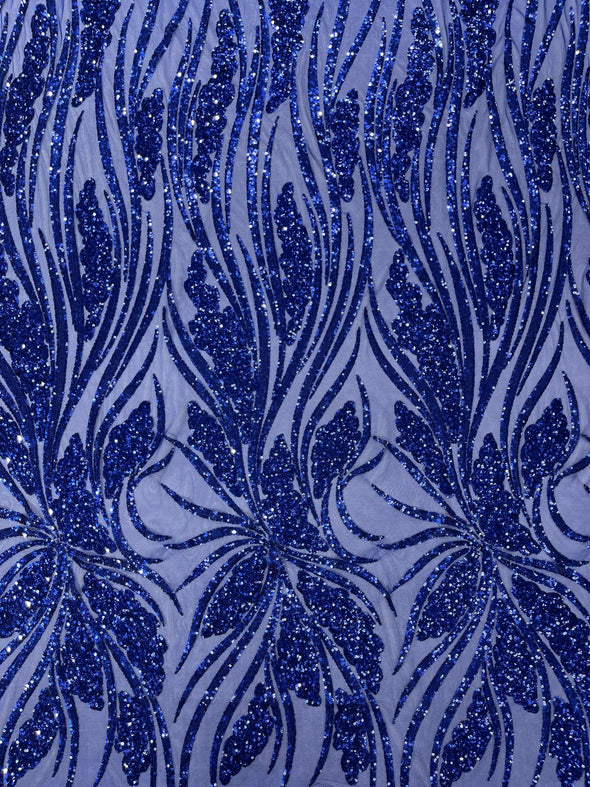 Dark Royal Feather damask shiny sequin design on a 4 way stretch mesh Fabric-prom-Sold by the yard