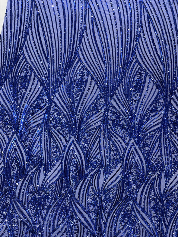 Dark Royal Blue Shiny Geometric Feather wing shiny sequin design on a 4 way stretch mesh Fabric-prom-sold by the yard.