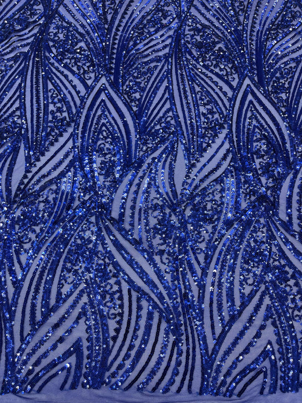 Dark Royal Blue Shiny Geometric Feather wing shiny sequin design on a 4 way stretch mesh Fabric-prom-sold by the yard.