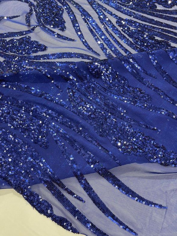 Dark Royal Feather damask shiny sequin design on a 4 way stretch mesh Fabric-prom-Sold by the yard