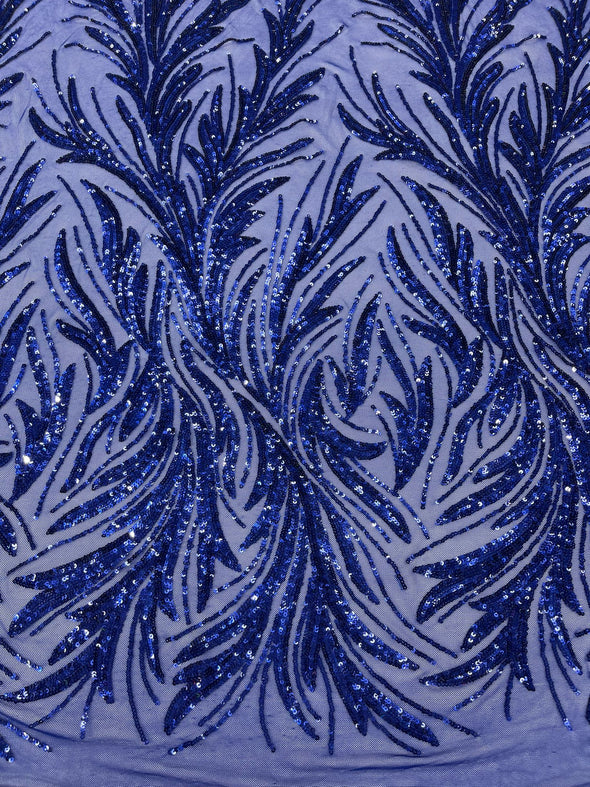 Dark Royal Blue Feather damask shiny sequin design on a 4 way stretch mesh Fabric-prom-Sold by the yard