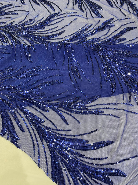 Dark Royal Blue Feather damask shiny sequin design on a 4 way stretch mesh Fabric-prom-Sold by the yard