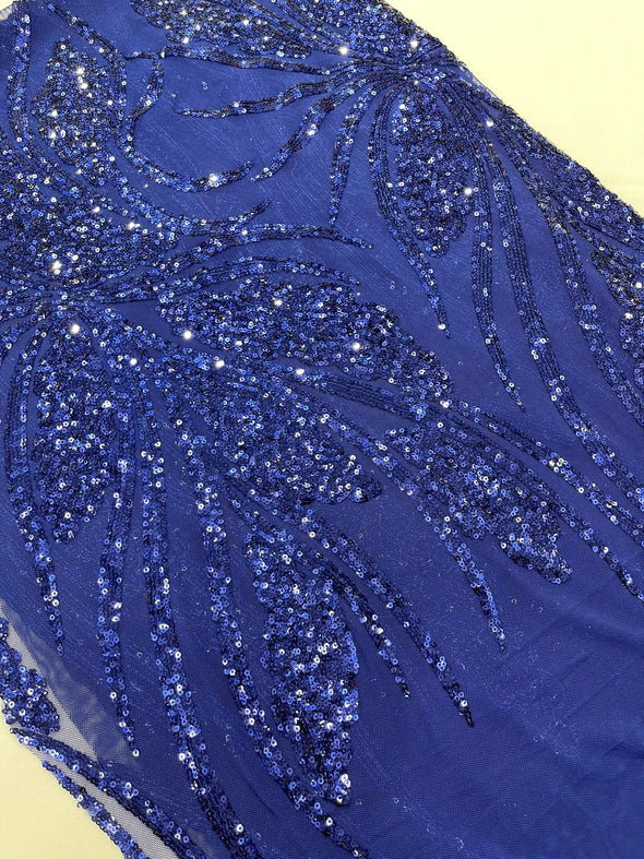 Dark Royal Feather damask shiny sequin design on a 4 way stretch mesh Fabric-prom-Sold by the yard