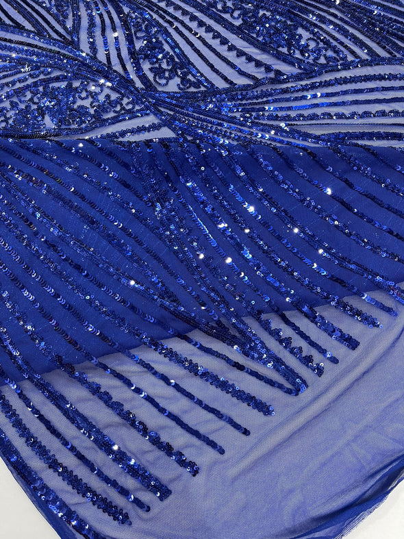 Dark Royal Blue Shiny Geometric Feather wing shiny sequin design on a 4 way stretch mesh Fabric-prom-sold by the yard.