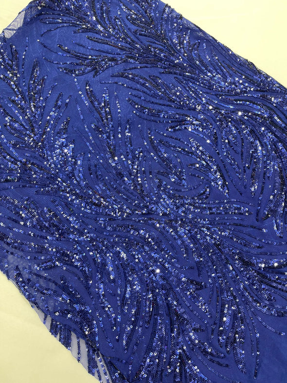 Dark Royal Blue Feather damask shiny sequin design on a 4 way stretch mesh Fabric-prom-Sold by the yard