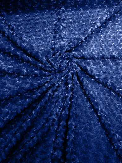 Dark Royal Blue 58" Wide Minky Swirl Rose Blossom Ball Rosebud Plush Fur Fabric Polyester-Sold by Yard.