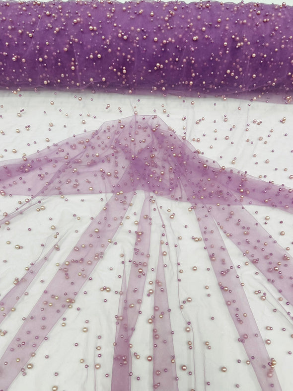 Heavy Scattered Pearls Studded Mesh, 2-Way Stretch, Sold By The Yard.