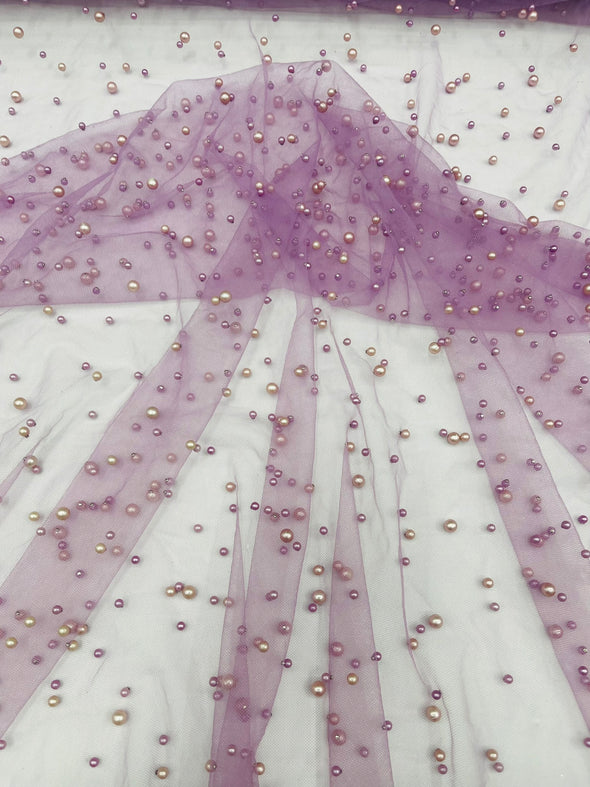 Heavy Scattered Pearls Studded Mesh, 2-Way Stretch, Sold By The Yard.