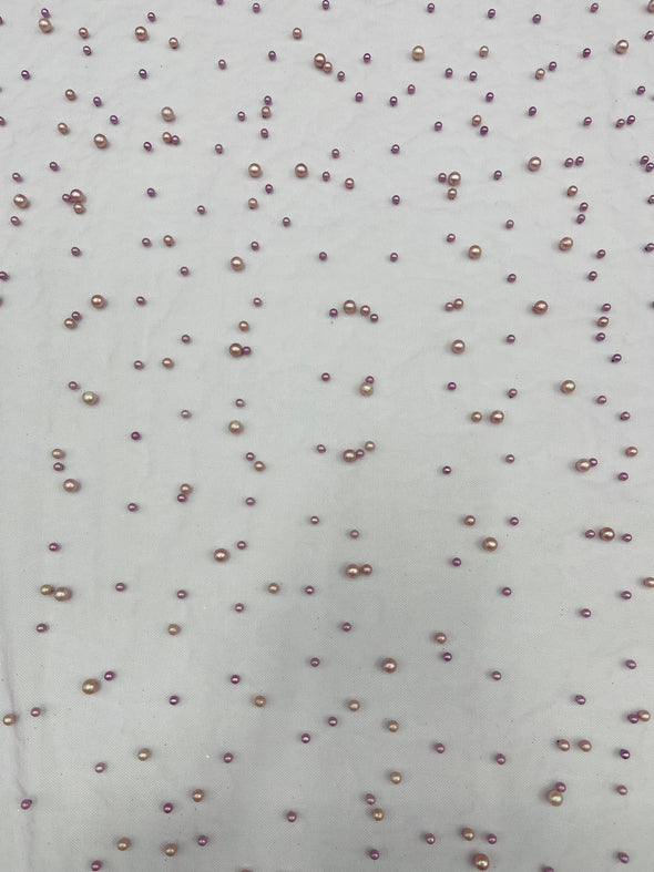 Heavy Scattered Pearls Studded Mesh, 2-Way Stretch, Sold By The Yard.