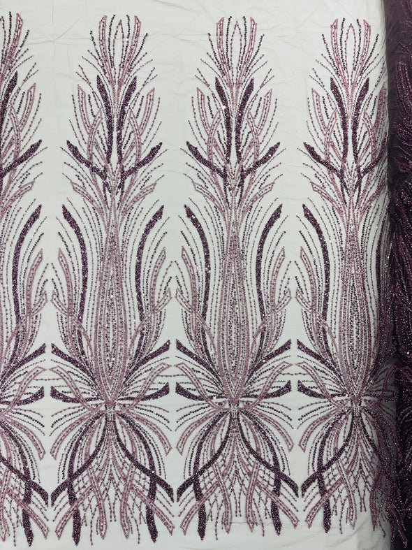 Palm Beaded Damask Design Fabric, Sold by The Yard.