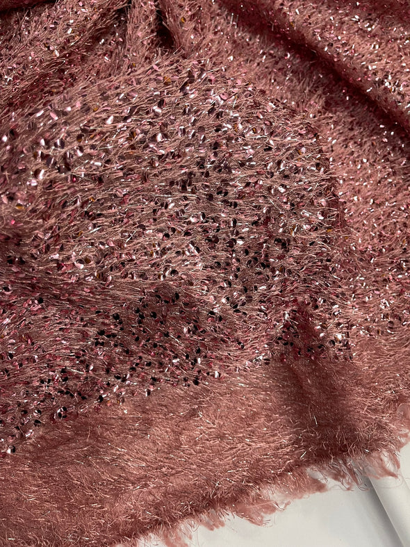 Dusty Rose Sequin Eyelash Fringe Design by The Yard, Eyelash Fabric, Sequin Eyelash Sewing Fringe.