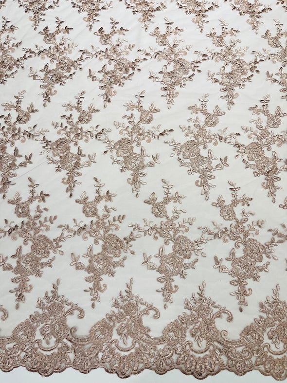Dusty Mauve Bloom corded lace and embroider with sequins on a mesh -Sold by the yard