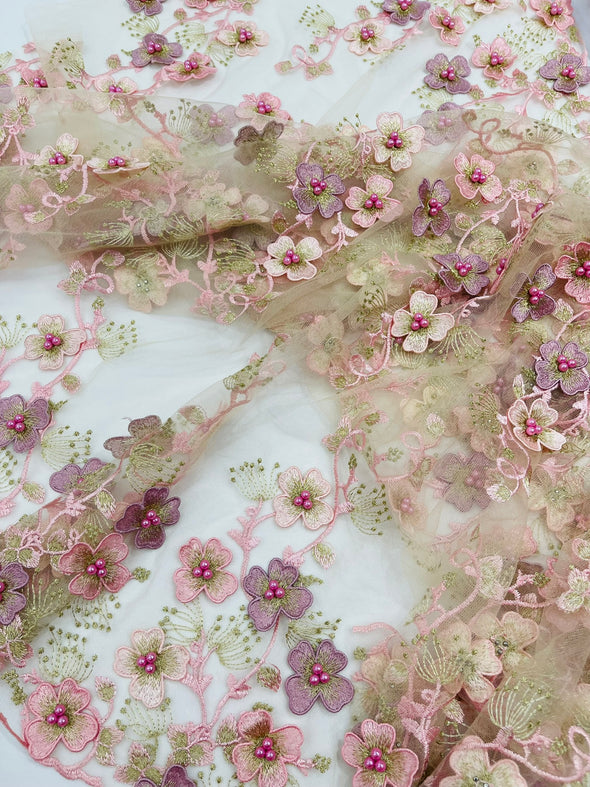 Multi Color 3D Floral Design Embroider with Pearls in a Mesh Lace -Sold by the yard.