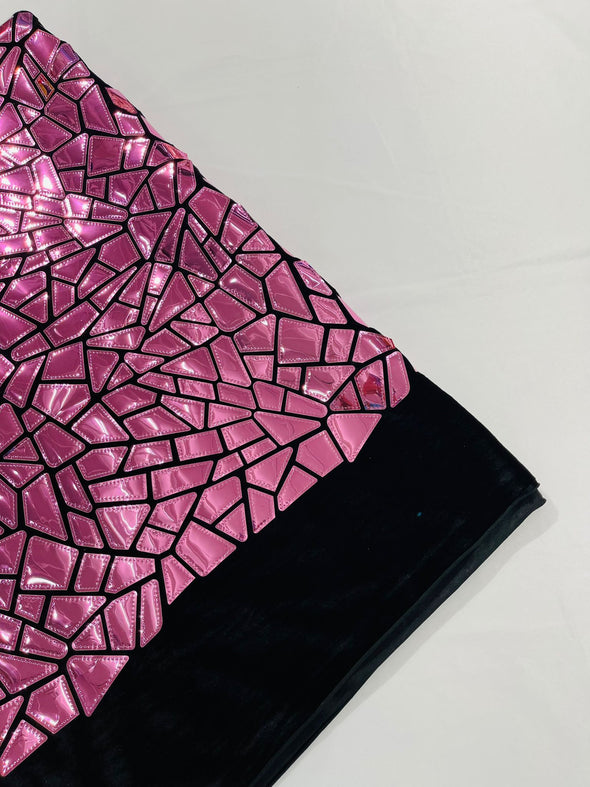 Dusty Pink Holographic Shiny Broken Glass Sequin Design/Geometric/ On Black Stretch Velvet Fabric Sold By The Yard
